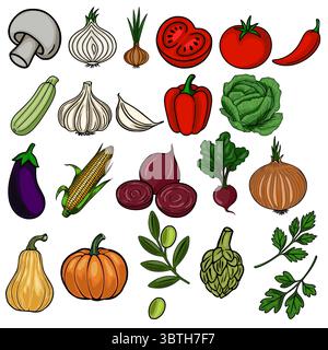 A vibrant vector illustration featuring a diverse collection of hand-drawn vegetables, including mushrooms, garlic, onions, tomatoes, peppers, cabbage Stock Vector