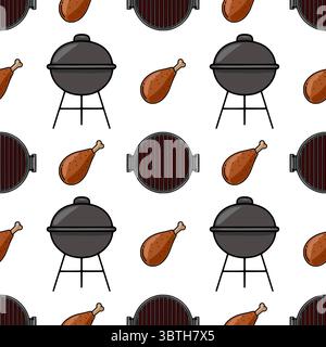 Seamless vector pattern of cartoon grilled chicken legs and barbecue grills, perfect for summer BBQ party invitations or food packaging design. Stock Vector