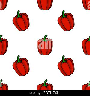 Seamless vector pattern of hand-drawn red bell peppers on a white background, featuring a vibrant cartoon style with bold outlines and rich color satu Stock Vector