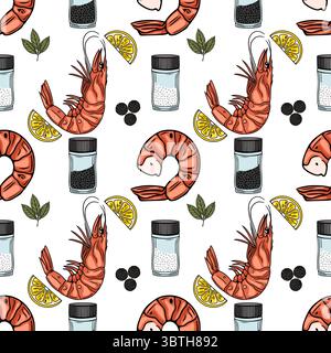 Seamless vector pattern of grilled shrimps, lemon slices, salt and pepper shakers, and bay leaves, creating a vibrant and appetizing culinary design. Stock Vector