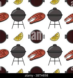 Seamless vector pattern featuring a cheerful illustration of a summer BBQ with grilled salmon steaks, lemon slices, and charcoal grills, perfect for f Stock Vector