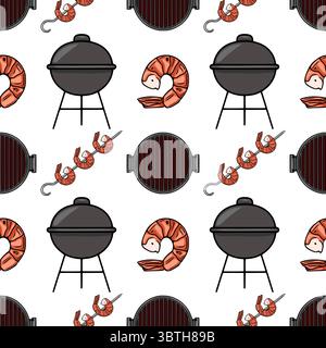 Seamless vector pattern of grilled shrimps and barbecue grills, featuring detailed illustrations of prawns on skewers and a charcoal grill, creating a Stock Vector