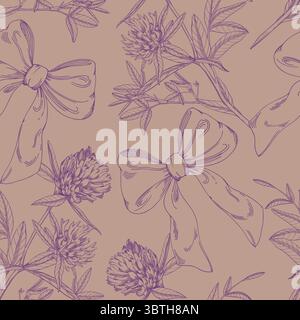Seamless pattern of violet clovers and bow on a mocha background. Stock Vector