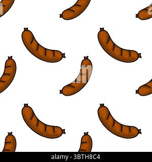 Seamless vector pattern of delicious grilled sausages, illustrated in a playful cartoon style with rich brown hues and bold outlines, perfect for food Stock Vector