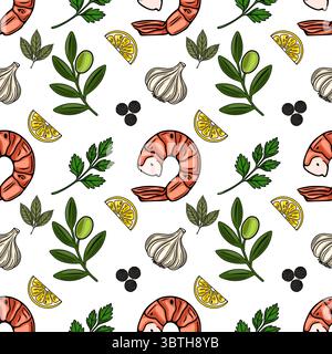 Seamless vector pattern of hand-drawn shrimps, lemon slices, garlic, olives, parsley, and peppercorns, creating a vibrant and appetizing culinary illu Stock Vector