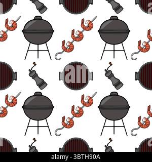Seamless vector pattern of hand-drawn barbeque elements: charcoal grill, shrimp skewers, and pepper grinder, creating a playful summery design. Stock Vector