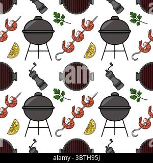 Seamless vector pattern of grilled shrimps, BBQ grill, lemon slices, parsley, and pepper grinder, perfect for summer food design. Stock Vector