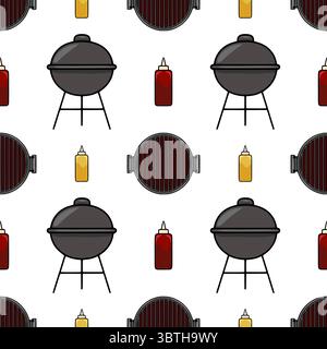 Seamless vector pattern of cartoon barbecue grill, ketchup and mustard bottles, perfect for summer picnic or BBQ party design. Stock Vector