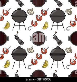 Seamless vector pattern of grilled shrimps, barbecue grill, garlic, lemon slices, and pepper mill, creating a vibrant summer BBQ illustration. Stock Vector