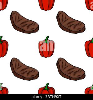 Seamless vector pattern of grilled steak and red bell pepper, hand-drawn in a cartoon style, perfect for food packaging or BBQ menu design. Stock Vector