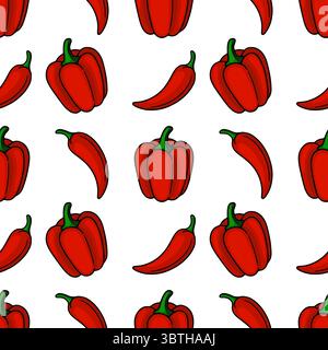 Seamless vector pattern of hand-drawn red bell peppers and chili peppers, vibrant and playful design for food packaging or culinary projects. Stock Vector