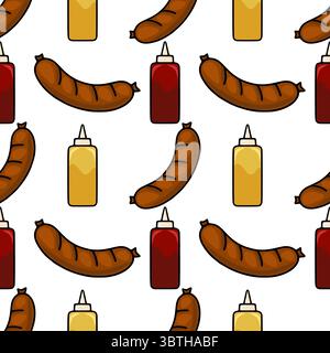 Seamless vector pattern of grilled sausages, ketchup, and mustard bottles in a vibrant cartoon style, perfect for food packaging or menu design. Stock Vector