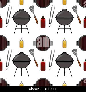 Seamless vector pattern of a charcoal grill, spatula, tongs, ketchup, and mustard bottles, perfect for BBQ-themed designs. Stock Vector