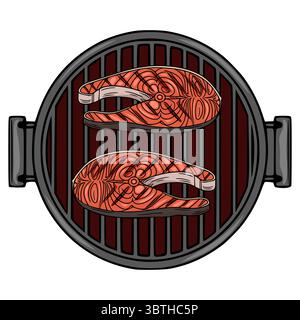 Vector illustration of two salmon steaks grilling on a round barbecue grill, detailed with intricate patterns and a dark maroon grill surface. Stock Vector