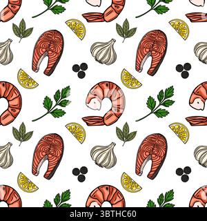 Seamless vector pattern of hand-drawn grilled shrimp, salmon steaks, lemon slices, garlic, parsley, and peppercorns, creating a vibrant culinary illus Stock Vector