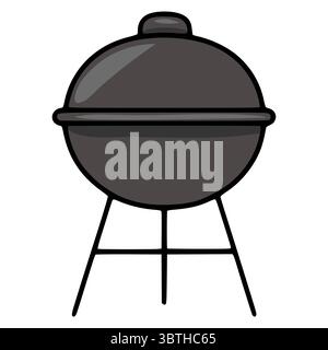 A vector illustration of a spherical charcoal grill on a simple stand, depicted in dark gray tones with bold black outlines, conveying a minimalist an Stock Vector