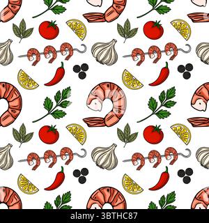 Seamless vector pattern of grilled shrimp, lemon slices, garlic, chili peppers, parsley, and black peppercorns, creating a vibrant and appetizing food Stock Vector