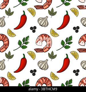 Seamless vector pattern of grilled shrimps, lemon slices, chili peppers, garlic, parsley, and black peppercorns, creating a vibrant and appetizing cul Stock Vector