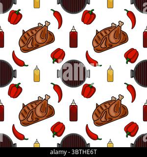 Seamless vector pattern of grilled chicken, red bell peppers, chili peppers, grill and sauces for BBQ design. Stock Vector