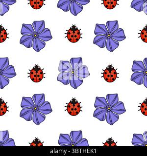 Seamless vector pattern of stylized ladybugs and periwinkle flowers in a vivid red and purple color scheme, perfect for spring and summer designs. Stock Vector