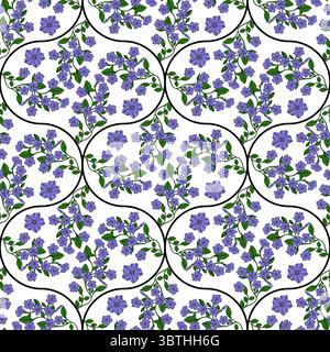 Elegant Seamless Vector Pattern with Delicate Purple Periwinkle Flowers and Black Curves on White Background Stock Vector