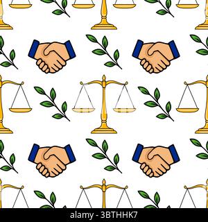 Seamless vector pattern with golden scales of justice, handshake, and green leaves, symbolizing legal agreement and fairness. Stock Vector