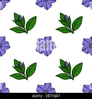 Seamless vector pattern with hand-drawn periwinkle flowers and buds, featuring vibrant purple blossoms and deep green leaves against a crisp white bac Stock Vector