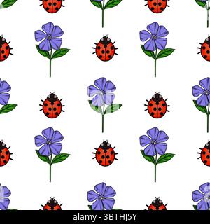 Seamless vector pattern of charming ladybugs and periwinkle flowers, a delightful spring design perfect for textile, wallpaper, or surface decoration. Stock Vector