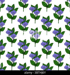 Seamless vector pattern of delicate periwinkle flowers with detailed leaves, perfect for textile prints or spring-themed designs. Stock Vector