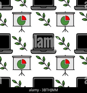 Seamless vector pattern featuring laptops, presentation boards with pie charts, and green leaves, creating a modern and eco-friendly office design. Stock Vector