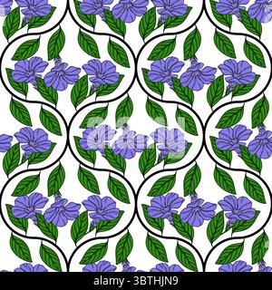 Seamless vector pattern of stylized periwinkle flowers and leaves, arranged in a unique wavy black line pattern on a white background, creating a vibr Stock Vector