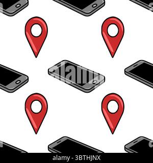Seamless vector pattern of isometric smartphones and red location pins, illustrating modern technology and GPS navigation concept. Stock Vector