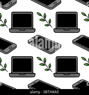 Seamless vector pattern featuring laptops, smartphones, and small green leaves, creating a modern and minimalist design ideal for backgrounds or texti Stock Vector