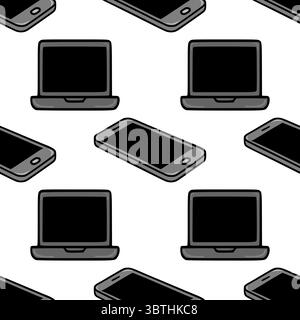 Seamless vector pattern of isometric laptops and smartphones, a minimalist grayscale design ideal for tech-related backgrounds and presentations. Stock Vector