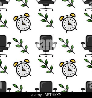 Seamless vector pattern of office chairs, alarm clocks, and green leaves, creating a cheerful and productive workspace vibe. Stock Vector