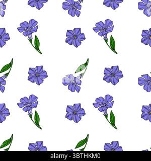 Seamless vector pattern of delicate periwinkle flowers and buds, featuring a mix of single blossoms and stems with leaves, creating a charming floral Stock Vector