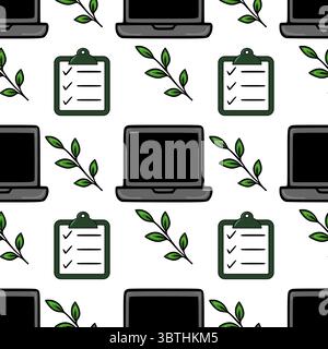 Seamless vector pattern featuring laptops, checklists, and green leaves, ideal for office-themed designs and eco-friendly branding. Stock Vector