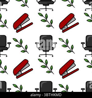 Seamless vector pattern featuring red staplers, black office chairs, and green leaves, creating a cheerful and organized office-themed design. Stock Vector