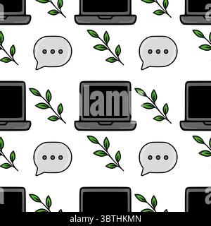 Seamless vector pattern featuring laptops, speech bubbles, and green leaves, creating a modern and minimalist office design. Stock Vector