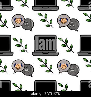 Seamless vector pattern featuring laptops, handshake symbols, AI lettering, and green leaves, illustrating a concept of AI partnership and collaborati Stock Vector
