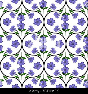 Seamless vector pattern of stylized periwinkle flowers in purple and green, arranged within a repeating black curve motif on a white background, creat Stock Vector