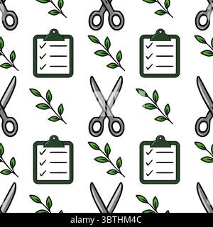 Seamless vector pattern with hand-drawn illustrations of scissors, checklists, and green leaves, ideal for crafting, gardening, or office-themed desig Stock Vector
