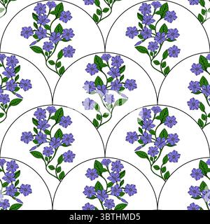 Seamless vector pattern of delicate periwinkle flowers arranged in elegant half-circle motifs, creating a sophisticated floral design ideal for textil Stock Vector