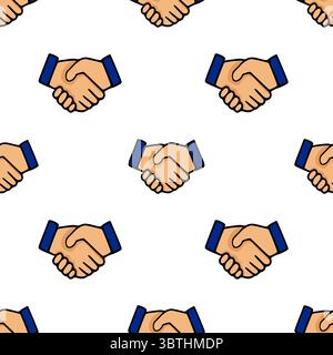 Seamless vector pattern of handshakes in a simple cartoon style with blue sleeves and beige hands, ideal for business or agreement concepts. Stock Vector