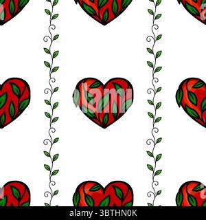 Seamless vector pattern of red hearts entwined with green leaves and vertical vine borders, creating a romantic and nature-inspired design. Stock Vector