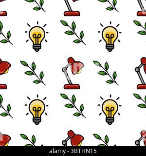 Seamless vector pattern featuring red desk lamps, bright light bulbs, and green leaves, creating a cheerful and productive office vibe. Stock Vector