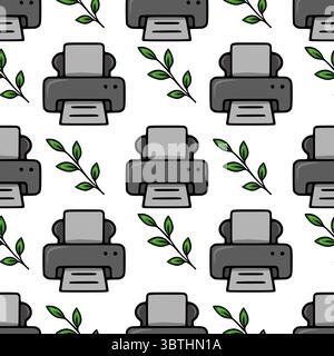 Seamless vector pattern of gray printers and green leaves, illustrating eco-friendly office concept with a hand-drawn style. Stock Vector