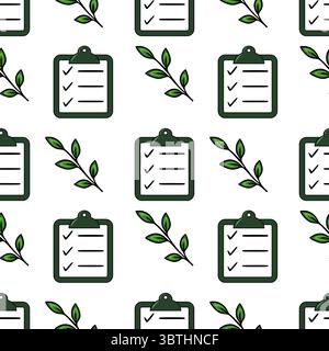 Seamless vector pattern featuring dark green clipboards with checklists and stylized green leaves, ideal for eco-friendly or organizational themed des Stock Vector