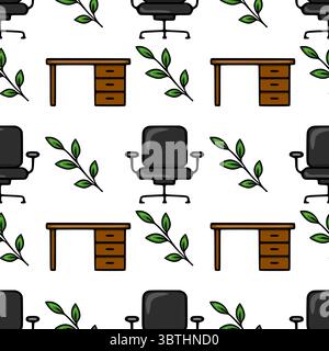 Seamless vector pattern of office furniture and green leaves, featuring brown desks, black office chairs, and stylized foliage, perfect for background Stock Vector