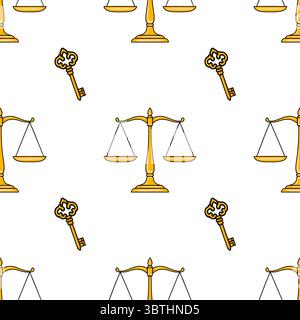 Seamless vector pattern featuring golden scales of justice and ornate keys, a symbolic design for legal or justice-themed projects. Stock Vector